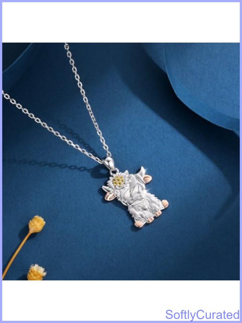 Sterling Silver Highland Cow Necklace CZ Sunflower Pendant 18+2in Adjustable - Picture 3 of 6